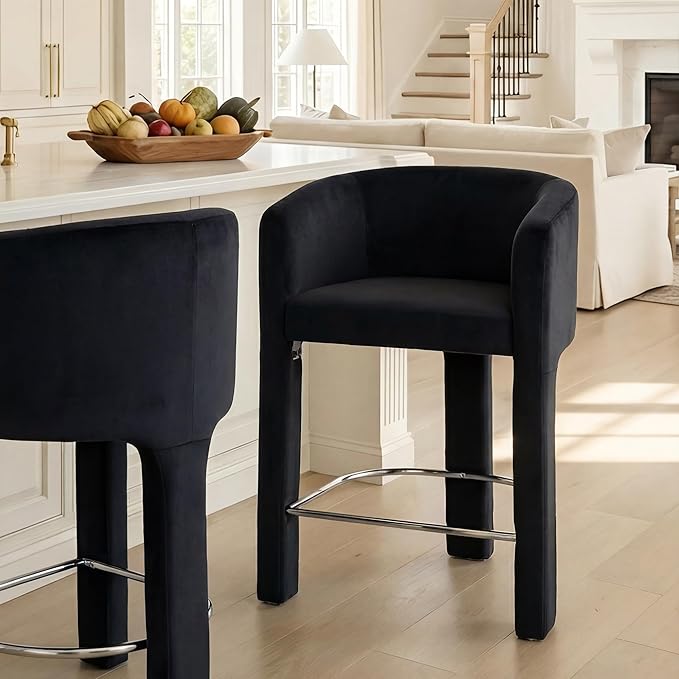 HNY Modern Counter Height Bar Stools, 26”H Barrel Counter Stools for Kitchen Counter, Velvet Upholstered Barstools with Back and Armrest for Kitchen Island,Home Bar, Black