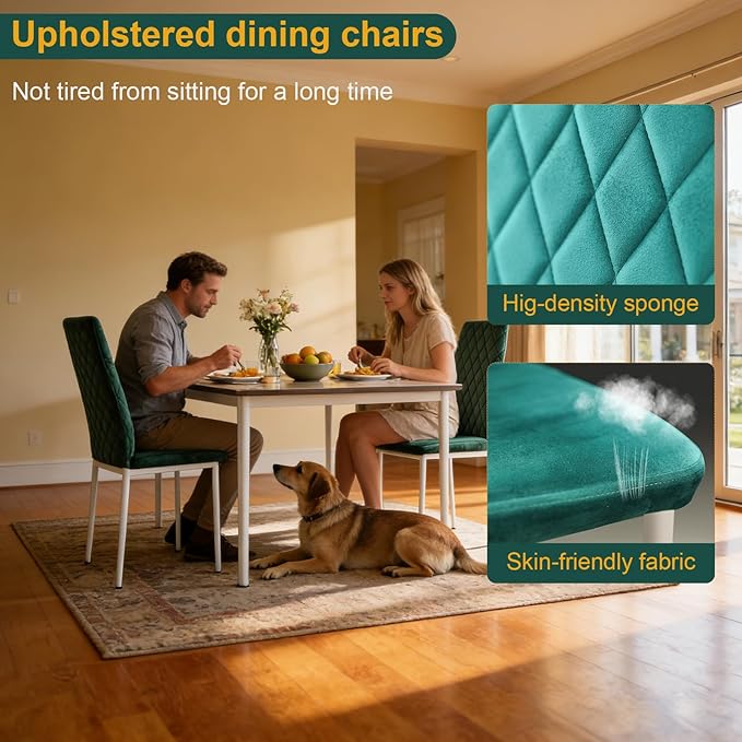 Dining Chairs Set of 2, Velvet Comfortable Seats, Mid-Century Modern Living Room Chairs, Upholstered Kitchen Chairs with Mental Legs and Padded Seat for Bedroom Office Easy Assembly, Green