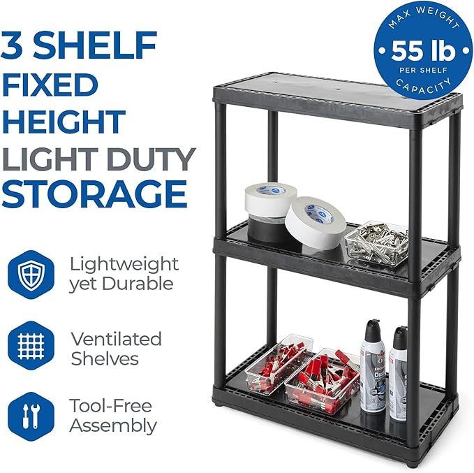 Gracious Living 3 Shelf Fixed Height Light Duty Storage Unit 12 x 24 x 33 Organizer System for Home, Garage, Basement, & Laundry, Black (3 Pack)