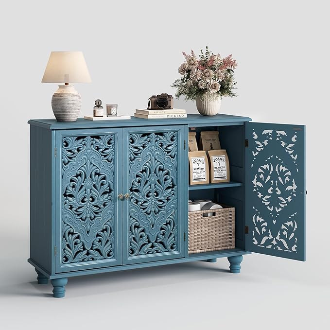 JOINICE Accent Cabinet with 3 Carved Doors, Distressed Blue Sideboard Buffet with Storage & Solid Wood Legs, 43" Vintage Console Table for Living Room, Entryway, Coffee Bar, Hallway