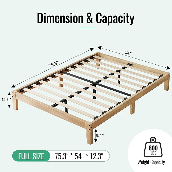 Full Size Solid Wood Platform Bed - Noise-Free Design with Metal and Wood Slat Support, No Box Spring Needed, Easy Assembly, Natural Wood Finish