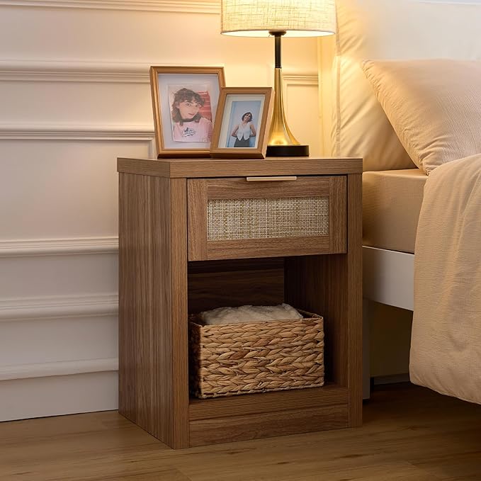Walsham Night Stand, Rattan Nightstand with Charging Station, Modern End Table with Drawers, Bed Side Tables for Bedroom Living Room Sofa Couch Office (Weathered Oak)