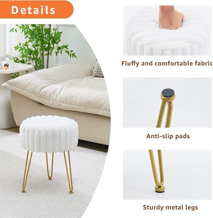 Vanity Stool,Faux Fur Ottoman Foot Stool, Dressing Table Seat with Metal Leg Vanity Chair for Bedroom, Living Room, Entryway, Offices