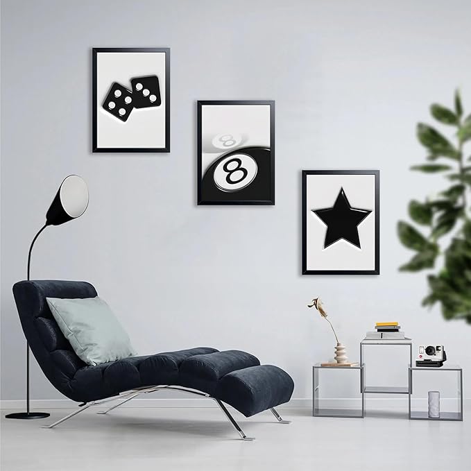 Black And White Wall Art Set of 3, Vintage Y2k Dice 8 Ball Canvas Prints Painting, Funky Lucky Preppy Posters Pictures For Game Room Apartment Dorm Teenager Room Wall Decor 12x16 Inch Framed