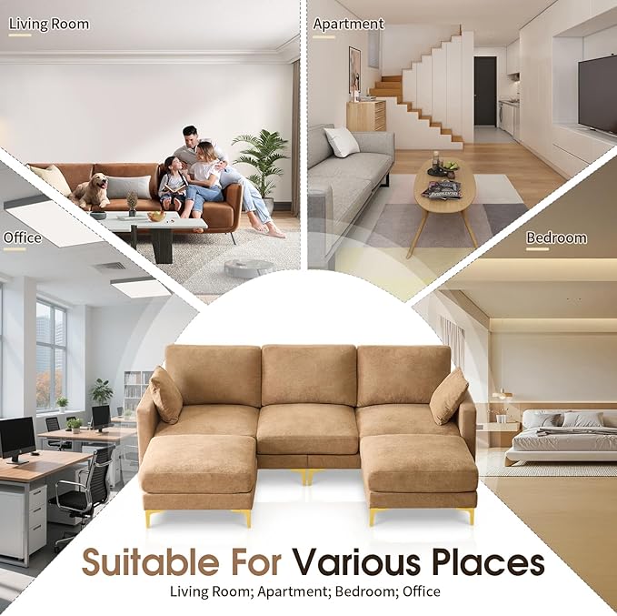 VINGLI 100" W U Shaped Couch with Ottoman, 22" Deep Seat Comfortable Sectional Couches for Living Room, 3 Seater Chenille Fabric Cloud Sofa for Apartment, Small Spaces, Bedroom, Khaki