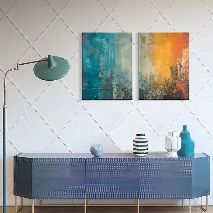 2 Framed Canvas Abstract Art Blue Orange Wall Decor Paintings for Home Bedroom Office Kitchen Wall Decor Modern Abstract Wall Art Paintings Prints24x16 Inch