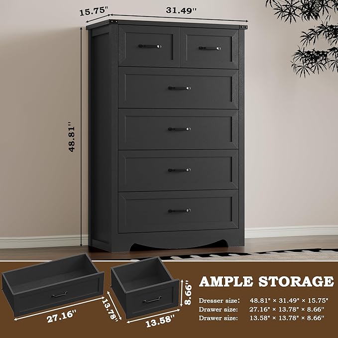 BORNOON Tall 6-Drawer Dresser for Bedroom, Modern Wooden Chest of Drawers with Metal Handles, Anti-Tipping Design, Sturdy and Stable Storage Organizer for Living Room, Entryway, Home Office
