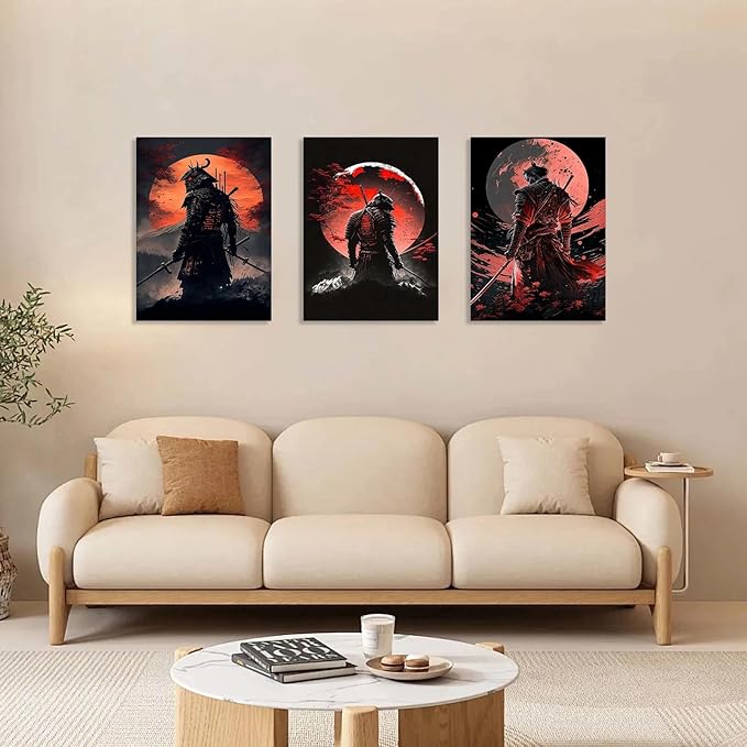 3 Piece Framed Canvas Wall Art, Modern Samurai Warrior Japanese Style Canvas Wall Decor with Red Moon, Set of 3 Wall Art for Living Room Bedroom Office Gaming Room, 12x16 Inch