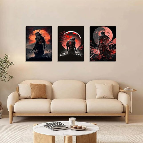3 Piece Framed Canvas Wall Art, Modern Samurai Warrior Japanese Style Canvas Wall Decor with Red Moon, Set of 3 Wall Art for Living Room Bedroom Office Gaming Room, 12x16 Inch