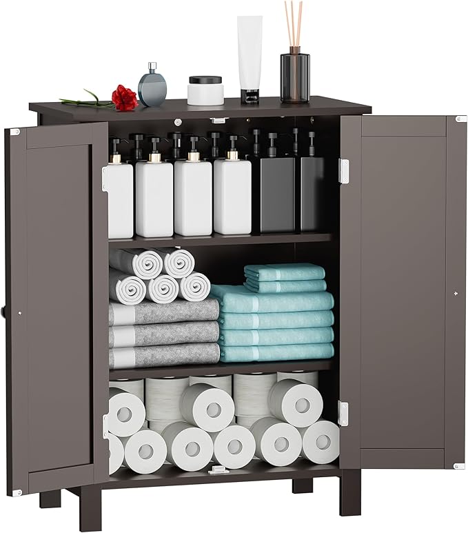 SUPER DEAL Modern Bathroom Floor Storage Cabinet with Adjustable Shelf and Double Door Rust Proof, Living Room Modern Home Furniture Storage Organizer Cabinet, Brown