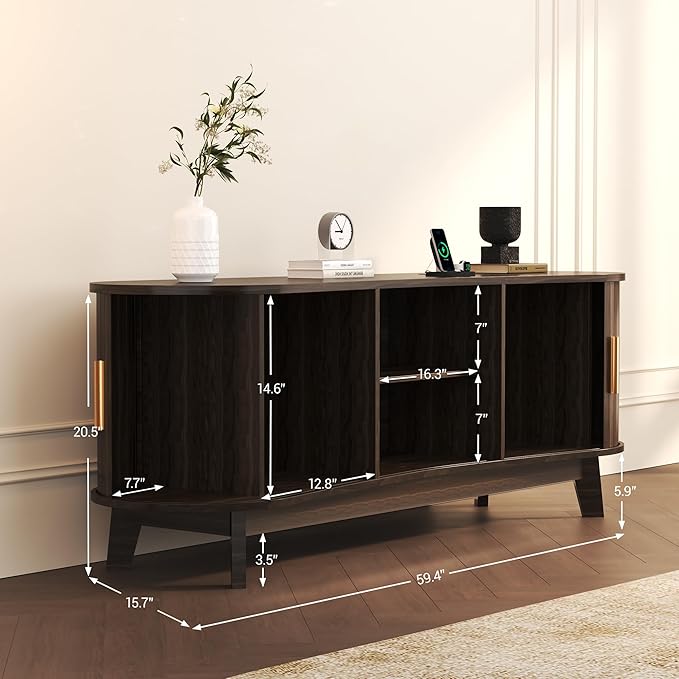 Mid Century Modern TV Stand, Fluted TV Stands with Open Shelves and Sliding Door for 65 Inch TVs, Media Cabinet with Power Outlet, Entertainment Center with Storage for Living Room, Walnut