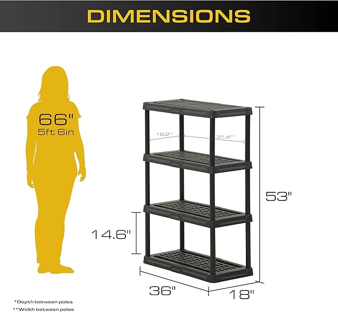 CENTREX CX 4-Tier Heavy Duty Plastic Storage Shelves that Support up to 150lbs/shelf, Organization and Storage, Weather-Resistant Design, Easy Assembly, Black (53”H x 36”W x 18”D)