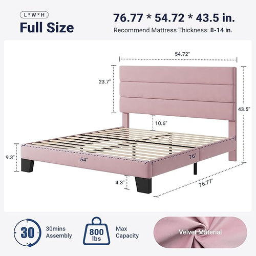Allewie Full Size Platform Bed Frame with Velvet Upholstered Headboard and Wooden Slats Support, Fully Upholstered Mattress Foundation/No Box Spring Needed/Easy Assembly, Pink