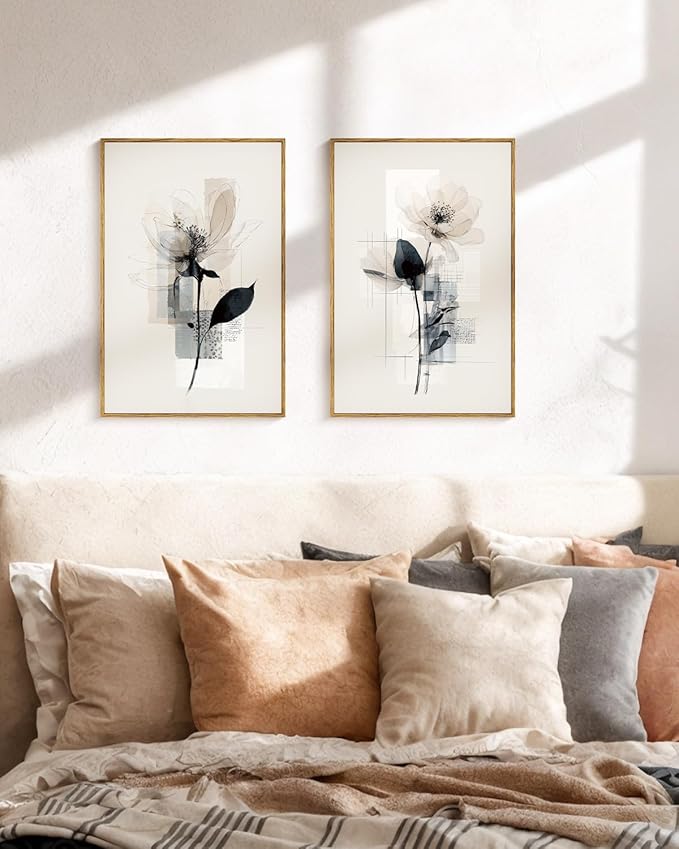 HUARCEY Large Modern Abstract Flower Wall Art Framed Canvas Set of 2, 16"x24" Minimalist Floral Paintings Artwork 2 Piece, Contemporary Neutral Tones Bedroom Living Room Kitchen Home Decor