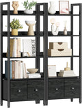 Furologee 5-Tier Bookshelf Set of 2, Tall Bookcase with 2 Drawers and Shelves, Industrial Display Free Standing Shelf Units, Storage Rack Organizer for Bedroom, Living Room, Home Office, Black Oak