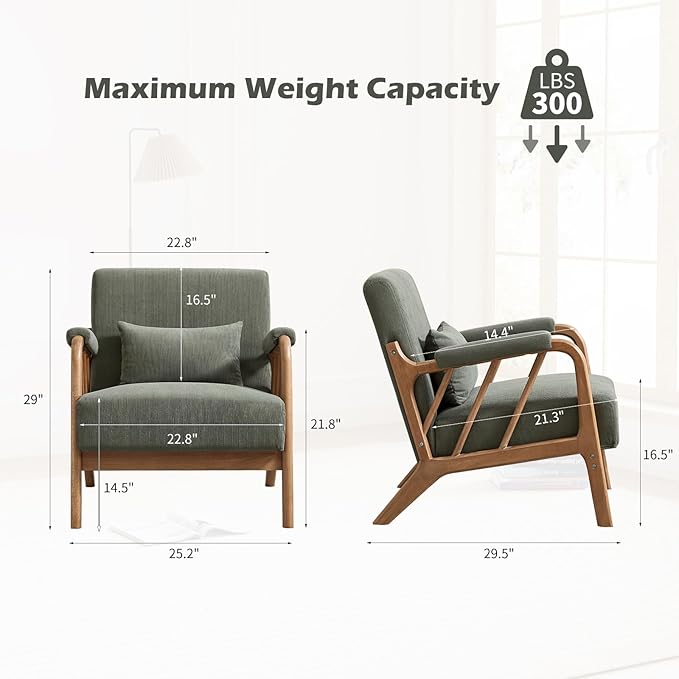 IOMOR Mid Century Modern Accent Chair with Solid Wood Frame, Upholstered Living Room Chairs with Lumbar Cushion Padded Arms, Reading Armchair for Bedroom (1, Olive Green)