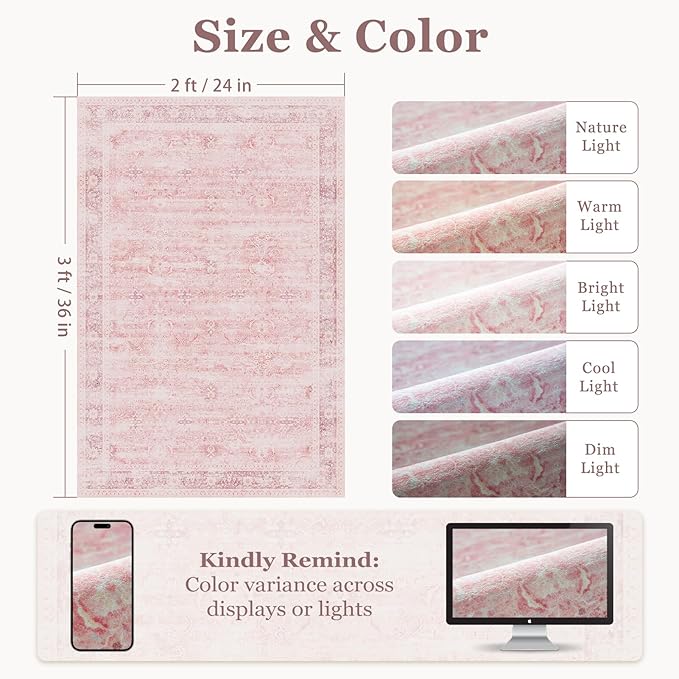 Small Pink Rug 2x3, Aesthetic Area Rug for Girls Bedroom Bedside Vanity, Cute Rug for Nursery Kids Room Dorm Washable Non Slip, Low Pile Thin Indoor Door Mats for Entryway Entrance Kitchen