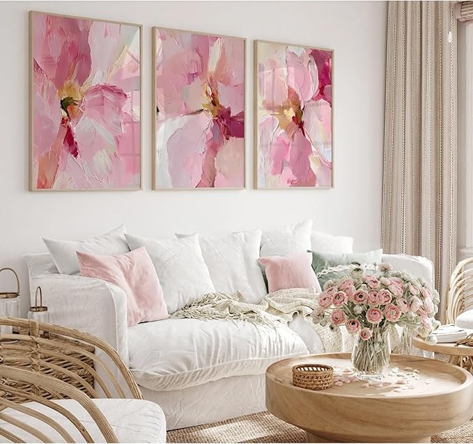 Abstract Floral Wall Art Pink Flower Canvas Pictures Modern Wall Decor Blush Pastel Pink Prints Peony Painting Minimalist Poster Botanical Artwork for Bedroom Living Room 12x16 Inch Unframed set of 3