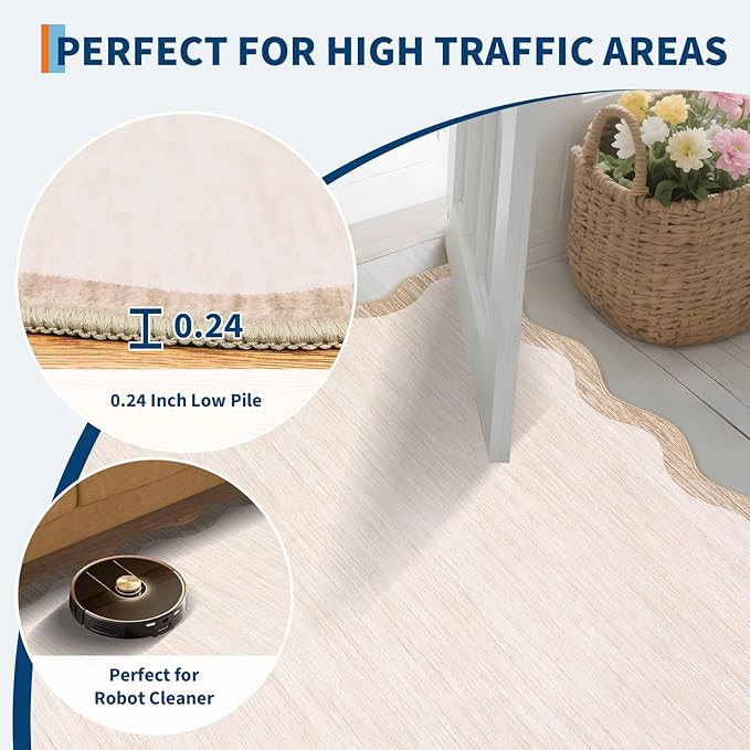GarveeHome Scalloped Runner Rug for Hallways Kitchen 2'6"x8' Washable Non Slip 8ft Low Pile Pet Friendly Indoor Entryway Rug Farmhouse Soft Bath Mat Stain Resistant Carpet for Bedroom Laundry