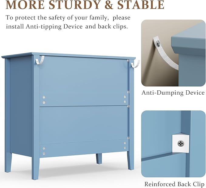 RoyalCraft 32" Large Nightstand, Fluted Painted Wood Bedside Table with 3 Spacious Drawers, Modern End Table for Bedroom, Living Room, Light Blue