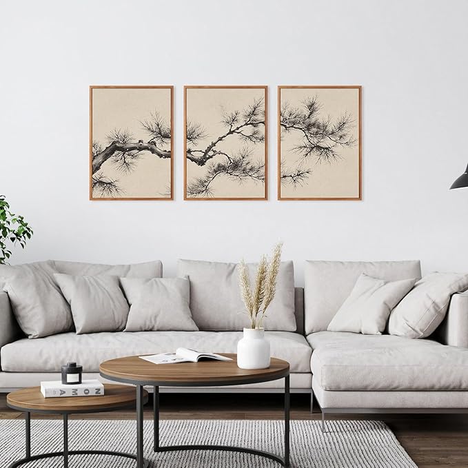 HPNIUB Vintage Sketch Pine Tree Framed Canvas Wall Art Set, Brown Antique Tree Branch Wall Decor, Nature Botanical Art Print, Modern landscape Pictures for Living Room, Office(Set of 3,12X16 Inch)