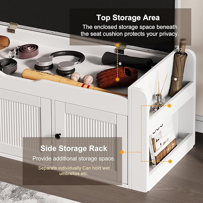 42.6" Storage Bench - Entryway Shoe Bench with Side Storage Shelves and 3 Doors, Multifunctional Entryway Bench with Lift Top Cushion, Shoe Storage Bench for Bedroom, Living Room, White