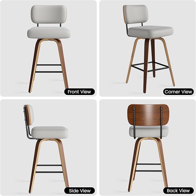 Swivel Bar Stools Set of 4, 26" Upholstered Faux Leather Counter Height Barstools with Walnut Back & Bentwood Legs, Mid Century Modern Bar Chairs Island Stools for Kitchen Counter, Light Grey