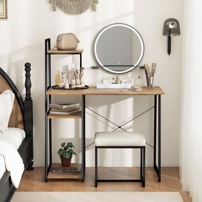 Tangkula Computer Desk with Shelves, Space Saving Home Office Desk with 3-Tier Ladder Shaped Storage Bookshelf, Modern Writing Study Desk with Metal Frame, Compact Computer Workstation (Natural)
