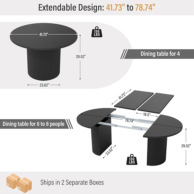 41 in-78 in Extendable Dining Room Table for 4-8, Round Expandable Kitchen Table with Fluted Base, Modern Oval Dinner Tables for Dining Room Kitchen Living Room (Black)