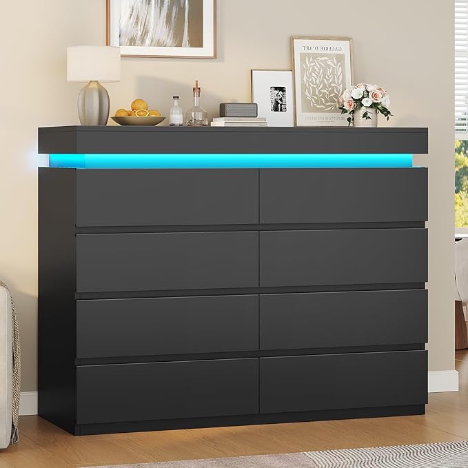 HAUOMS 8 Drawer Dresser with LED Light, Black Modern Chest of Drawers for Bedroom,Closet Dressers with Drawers for Living Room, Entryway, Hallway