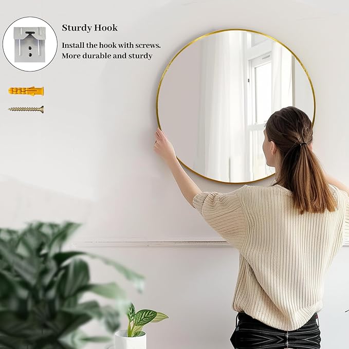 Sunniry Gold Round Mirror, 24 inch Circle Mirror, Gold Metal Frame Bathroom Mirrors, Round Wall Mounted Mirrors for Bathroom, Hallway, Living Room, Bedroom.