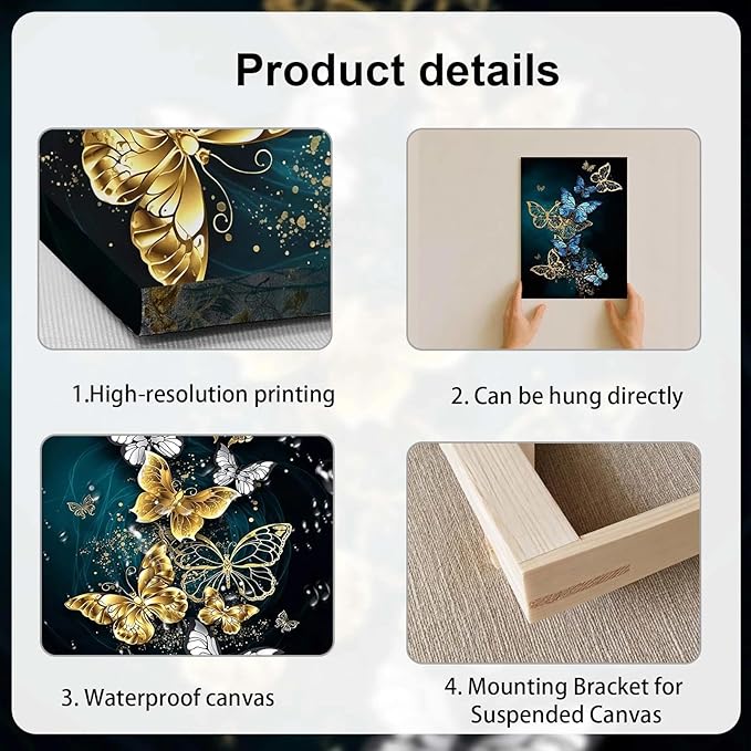 Modern Abstract Gold and Blue Butterfly Leaf Wall Art, 3 Piece Framed Canvas Set for Living Room Bedroom Office Wall Decor, 12x16 Inch, with Hooks and Nails
