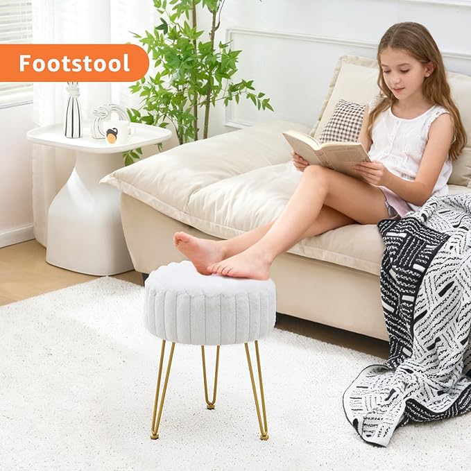 Vanity Stool,Faux Fur Ottoman Foot Stool, Dressing Table Seat with Metal Leg Vanity Chair for Bedroom, Living Room, Entryway, Offices