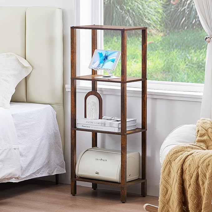 YUFAM 4 Tier Tall Wooden Bookshelf with Storage - Small Bookcase for Small Spaces, Shelf for Living Room, Office, Bedroom, Kitchen - Industrial Retro Brown Book Shelf