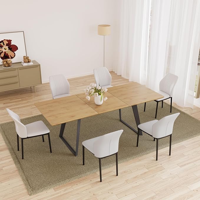 63"-79" Expandable Dining Table Set for 6, Wood Table & 6 White Chairs, Extendable Kitchen Dining Table Set for Kitchen & Dining Room, Modern Oak & White