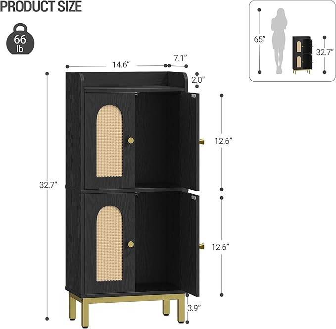 Hzuaneri Bathroom Cabinet, Small Storage Cabinet with 4 Doors, Bathroom Organizers and Storage Cabinets with Adjustable Feet, Cabinets Freestanding for Living Room, Kitchen, 7.1"D x 14.6"W x 32.7"H