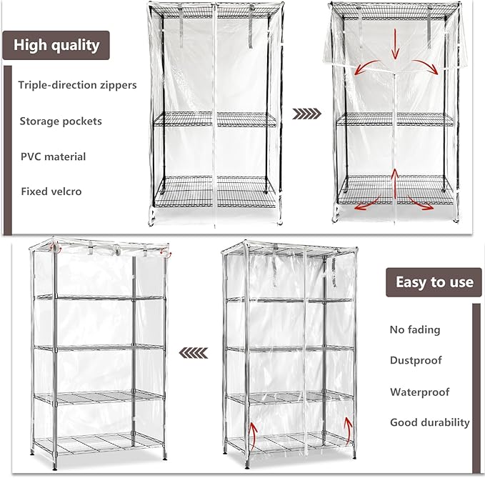 okcool Waterproof Shelf Cover,All Clear Wire Shelf Cover with Zipper,Transparent PVC Clearly Visible.(Fits 60" Wx24 Dx72 H Shelves)