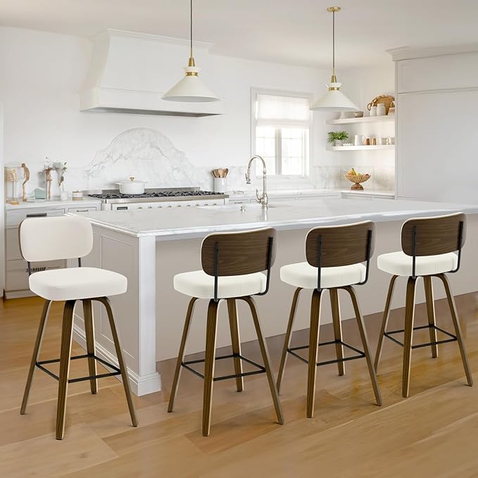 Bekrvio Swivel Bar Stools Set of 4, 29" Upholstered Faux Leather Barstools with Back and Bent Wood Legs, Mid Century Modern Bar Chair Island Stool for Kitchen Counter, Cream White