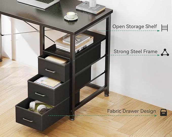 AODK 40 Inch Small Computer Desk with Fabric Drawers, Kids Study Desk for Bedroom, Home Office Desk with Storage Shelf & Bag for Small Space, Black