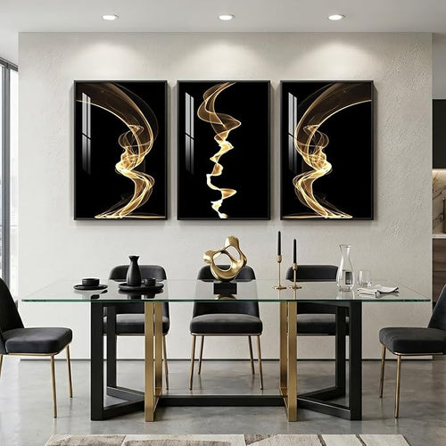 3 Piece Large Framed Abstract Wall Art for Living Room, Black and Gold Modern Artwork for Walls, Contemporary Luxury Bright Style Pictures Prints Paintings for Hallway Office Wall Decor 24x36 Inch