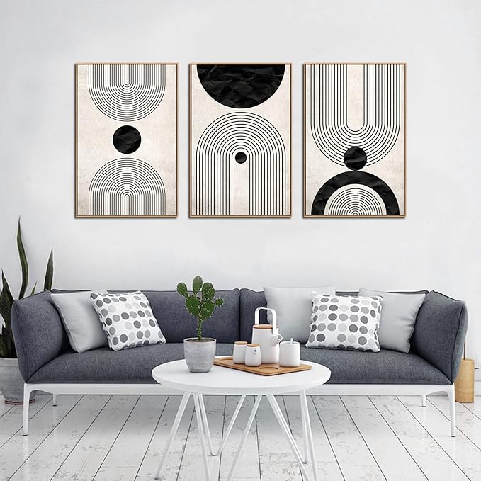 Framed Wall Art Canvas Set Mid Century Boho Pictures Modern Abstract Geometric Wall Decor Minimalist Black Beige Bohemian Canvas Painting Artwork for Living Room Bedroom Office 24"x36"x3 Natural