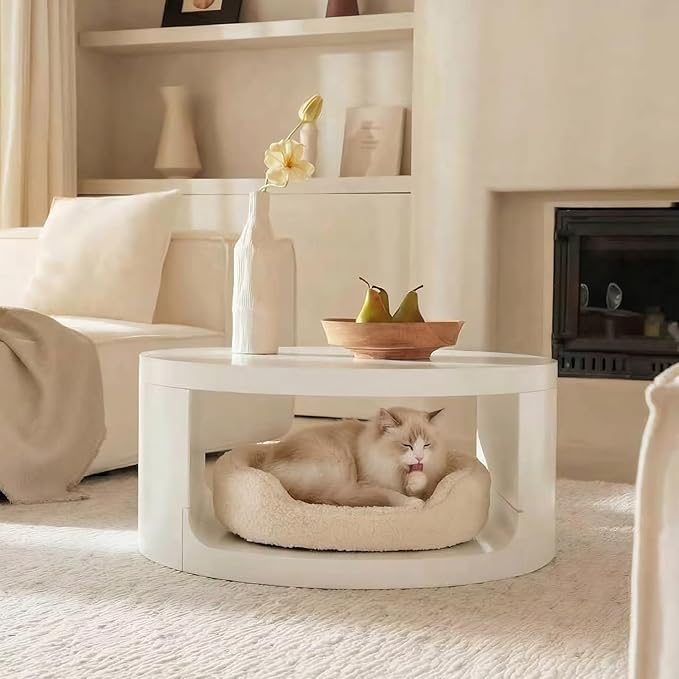Round Coffee Table with Storage, 31" Modern Living Room Table, 2 Tier Circle Wood Center Tables for Apartment, Living Room, Open-Style Storage White Tea Tables, 31"*14.1" (White)