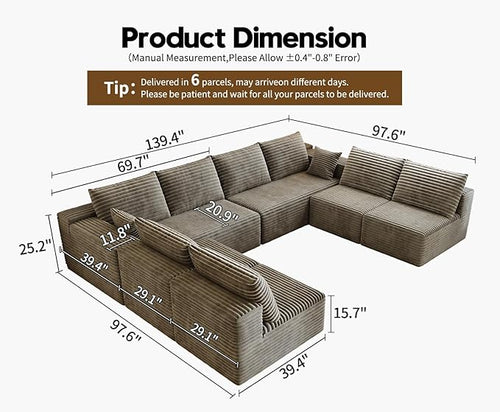 139.4" Modular Sectional Sofa Couch, Oversized U-Shaped Minimalist Couches with 4 Middle Seats Chaise, Modern Deep Seat Cloud Plush Corduroy Sofas Set for Living Room, 8 Seater, Camel