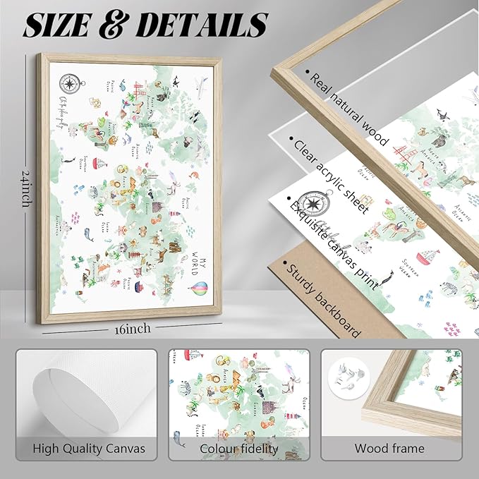 Joocrise Green Kids World Map Wall Art Animal Map Canvas Art Nursery Wall Decor World Map Poster Childrens Room Decor Playroom Prints Educational Artwork 16x24 Inch Wood Frame