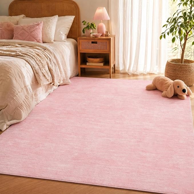 RUGSREAL 8x10 Washable Rug for Living Room Non-Slip Modern Abstract Area Rug Stain Resistant Large Bedroom Rug Contemporary Accent Throw Floor Carpet Solid Rug for Dining Room Home Decor, Pink