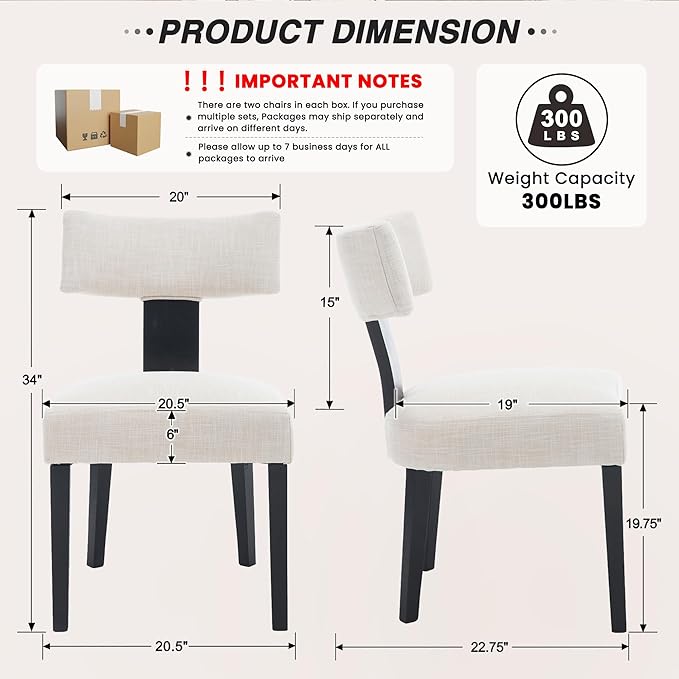 HNY Mid Century Modern Farmhouse Dining Chairs Set of 2, Linen Upholstered Accent Chair Curved Backrest Kitchen Chairs, with Black Hardwood Frame, Beige