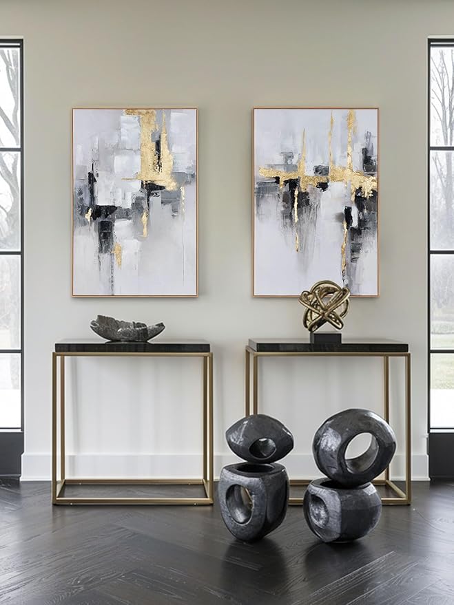 SAFERRYHOME 2-Piece Large Grey and Gold Abstract Wall Decor- Framed Modern Canvas Paintings for Living Room, Bedroom, Office Décor - 24x36 Inches Each