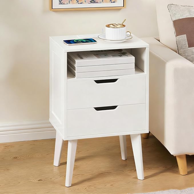 MAHANCRIS White Nightstand with Charging Station, Modern Bedside Table with 2 Storage Drawers and Open Shelf, Night Stand with Solid Wood Legs, for Bedroom, End Side Table for Small Spaces, ETWT69E01