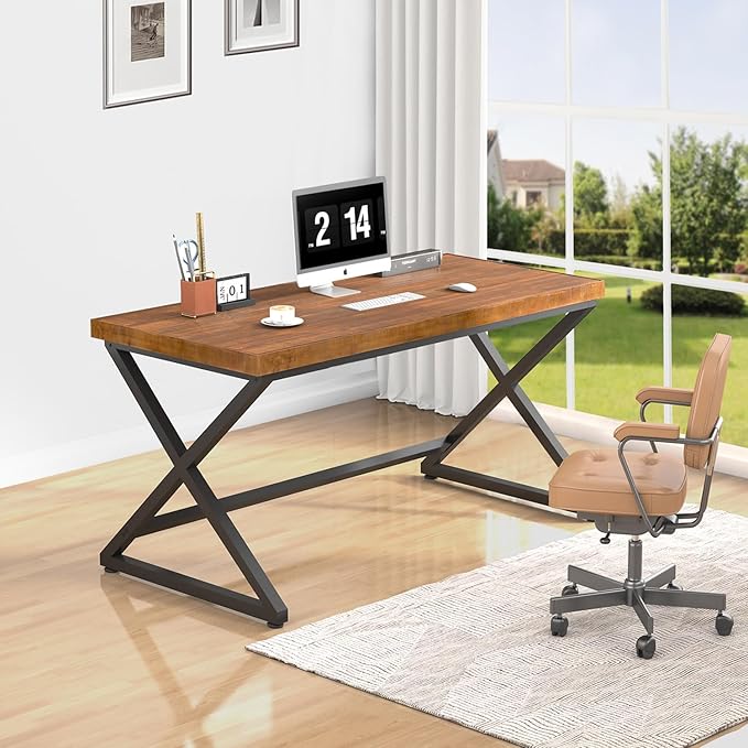 IBF Solid Wood Work Desk, Minimalist 47” Real Wood Computer Desk, Rustic Natural Wood Desk for Home Office Writing Study, Vintage Wooden PC Gaming Computer Table Workstation in Bedroom, Brown, 47 inch