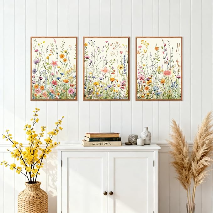 HPINUB Colorful Flower Framed Canvas Wall Art Set, (Set of 3,12X16 Inch)Watercolor Daisy Floral Wall Decor, Wildflower Green Leaf Wall Painting, Multicolour Botanical Art Print for Living Room,Office